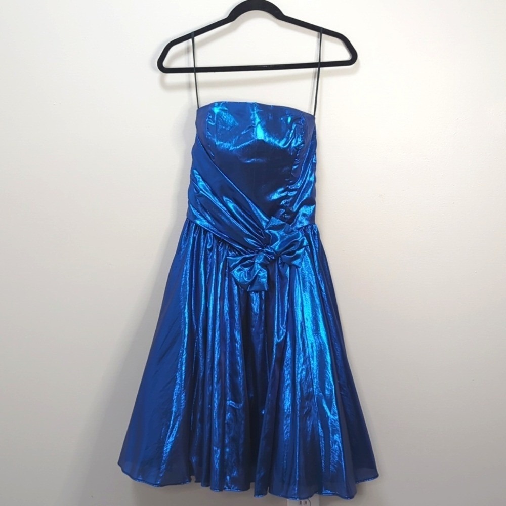 Vintage Loralie Original 80's Lamé Metallic Strapless Blue Bow‎ Dress Sweetheart